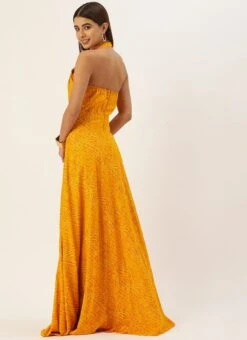 Teen Girls Yellow Printed Halter Neck Floor Length Gown Festive Wear -Mahra Clothing Shop Yellow Printed Halter Neck Floor Length Gown IWBS02110888 b 1
