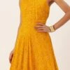Teen Girls Yellow Printed Halter Neck Floor Length Gown Festive Wear