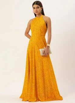Teen Girls Yellow Printed Halter Neck Floor Length Gown Festive Wear -Mahra Clothing Shop Yellow Printed Halter Neck Floor Length Gown IWBS02110888 u 1