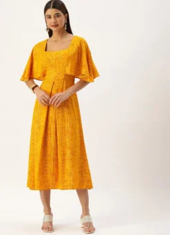 Yellow Printed Viscose Dress After Six Wear -Mahra Clothing Shop Yellow Printed Viscose Dress DRBS02110830 u