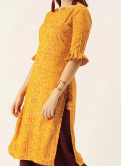 Yellow Printed Viscose Rayon Kurta Work Wear