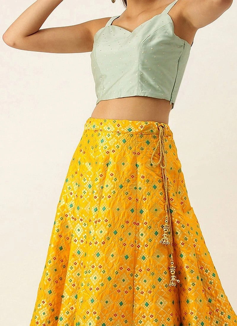 Teen Girls Yellow Taffeta N Green Art Silk Lehenga Festive Wear 1 Teen Girls Yellow Taffeta N Green Art Silk Lehenga Festive Wear
