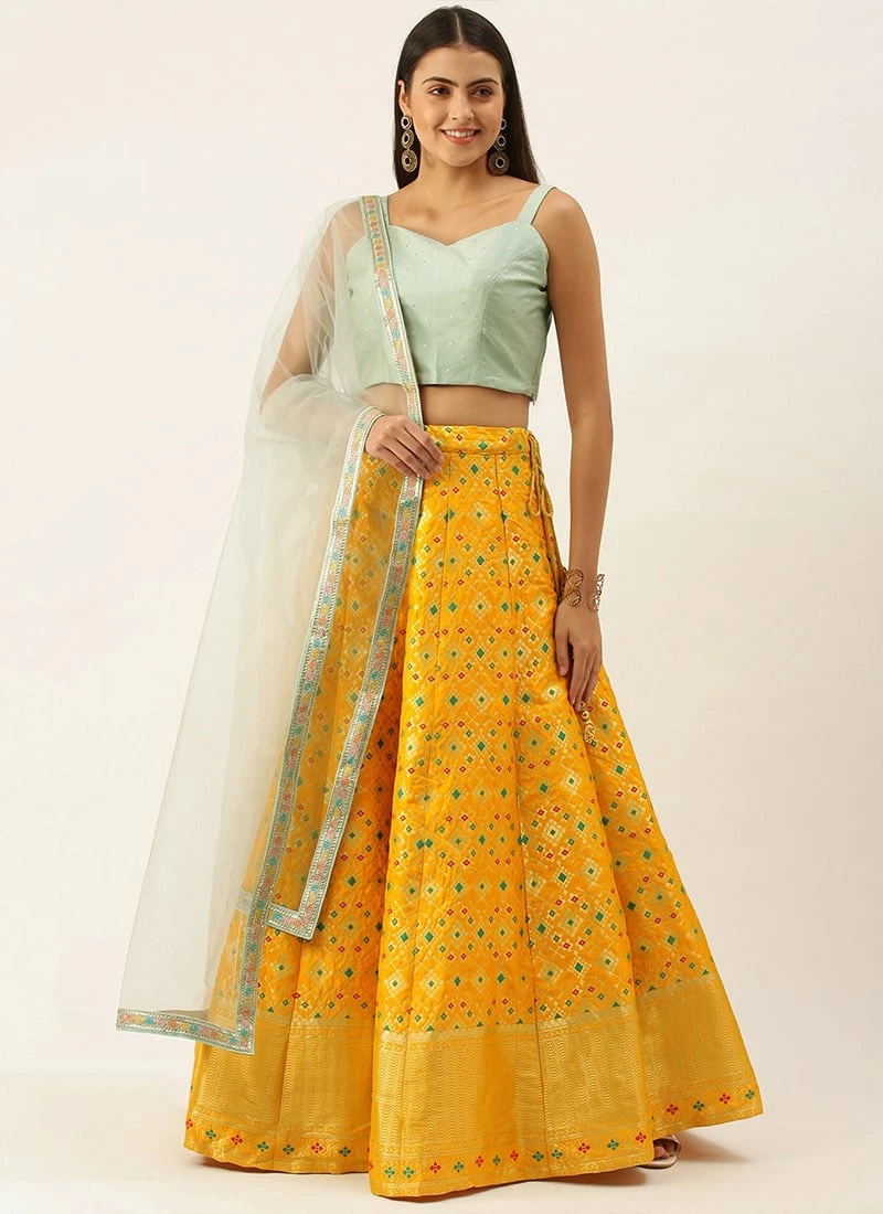 Teen Girls Yellow Taffeta N Green Art Silk Lehenga Festive Wear 3 Teen Girls Yellow Taffeta N Green Art Silk Lehenga Festive Wear - Image 3