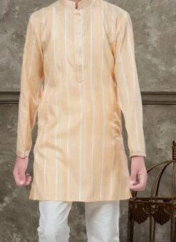 Yellow To White Blended Cotton Kids Boys Kurta Pyjama Party Wear