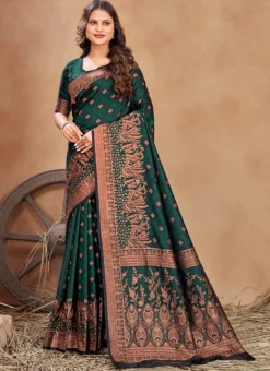 Zari Work Bottle Green Color Satin Silk Saree Festive Wear -Mahra Clothing Shop Zari Work Bottle Green Color Satin Silk Saree SASLI19826306 u