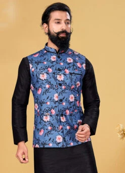 Aegean Blue Cotton Printed Nehru Jacket -Mahra Clothing Shop aegean blue cotton printed nehru jacket jmsvs168 b