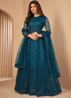 Anarkali Suit Net Rama Blue Embroidery Work Party Wear -Mahra Clothing Shop anarkali suit net rama blue embroidery work slsdi119ra u