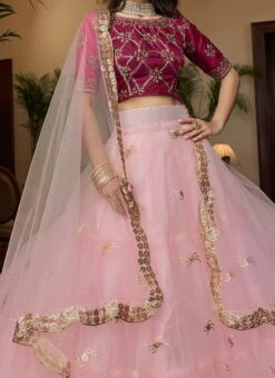 Baby Pink Net Sequins Work Umbrella Lehenga Choli Party Wear