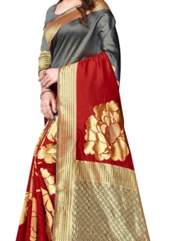 Banarasi Silk Woven Work Grey N Red Color Saree Festive Wear