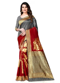Banarasi Silk Woven Work Grey N Red Color Saree Festive Wear -Mahra Clothing Shop banarasi silk woven work grey n red color saree sasstsktsrk8566a u