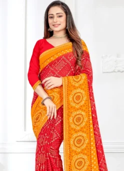 Bandhej Print Moss Crepe Red And Yellow Color Saree Festive Wear -Mahra Clothing Shop bandhej print moss crepe red and yellow color saree samas08h b