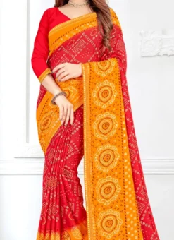 Bandhej Print Moss Crepe Red And Yellow Color Saree Festive Wear