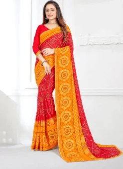 Bandhej Print Moss Crepe Red And Yellow Color Saree Festive Wear -Mahra Clothing Shop bandhej print moss crepe red and yellow color saree samas08h u