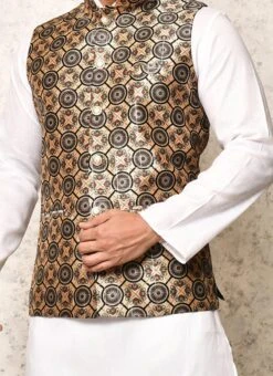 Beige Art Silk Printed Nehru Jacket