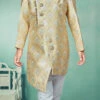 Beige Banarasi Silk Jacquard Indowestern Sherwani Party Wear