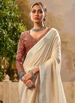 Beige Blended Cotton Handloom Saree After Six Wear -Mahra Clothing Shop beige blended cotton handloom saree samam2347 b