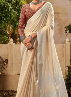 Beige Blended Cotton Handloom Saree After Six Wear