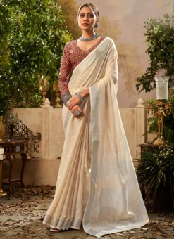 Beige Blended Cotton Handloom Saree After Six Wear -Mahra Clothing Shop beige blended cotton handloom saree samam2347 u