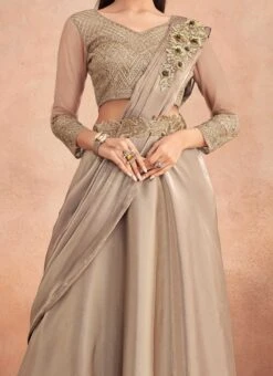 Beige Chinon Silk Embroidered Sequins Ready Pleated Saree Party Wear