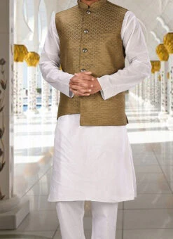 Beige Cotton Jacquard Nehru Jacket