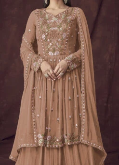 Beige Georgette Embroidered Long Choli Lehenga Party Wear
