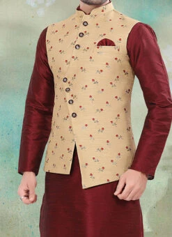 Beige Jacquard Silk Embroidered Nehru Jacket