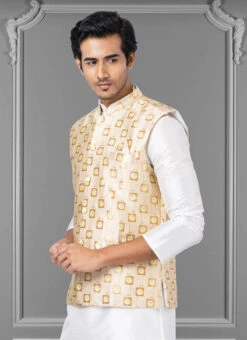 Beige Jacquard Silk Nehru Jacket -Mahra Clothing Shop beige jacquard silk nehru jacket jmkkvs475 b