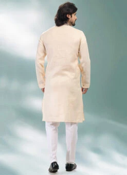 Beige Linen Cotton Embroidery Kurta Pyjama Festive Wear -Mahra Clothing Shop beige linen cotton embroidery kurta pyjama kpmsc2106 b