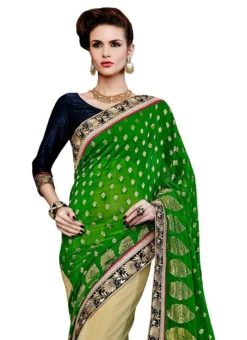Beige N Green Net N Brocade Half N Half Saree Festive Wear -Mahra Clothing Shop beige n green net n brocade half n half saree sacvi3010 b