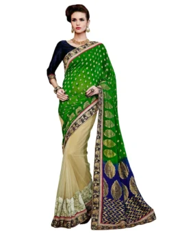 Beige N Green Net N Brocade Half N Half Saree Festive Wear -Mahra Clothing Shop beige n green net n brocade half n half saree sacvi3010 u