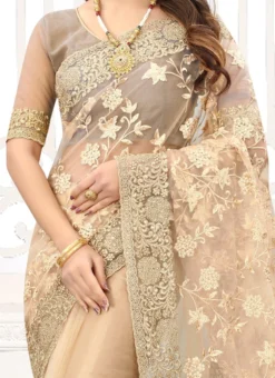 Beige Net Embroidered And Stones Designer Saree Festive Wear