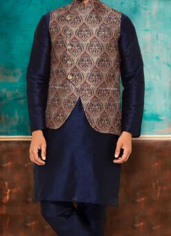 Beige Silk Printed Nehru Jacket