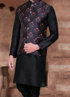 Black Art Silk Digital Printed Nehru Jacket