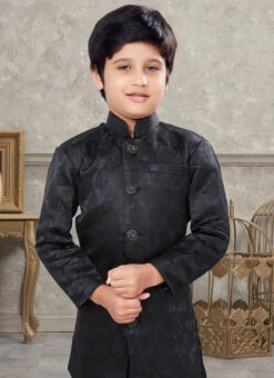 Black Art Silk Jacquard Indowestern Sherwani Party Wear -Mahra Clothing Shop black art silk jacquard indowestern sherwani kdbsgr612 b