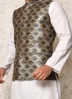 Black Art Silk Printed Nehru Jacket