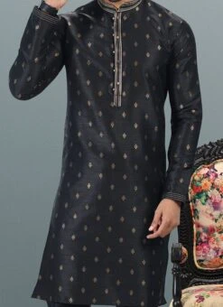 Black Banarasi Silk Jacquard Work Kurta Pyjama Party Wear