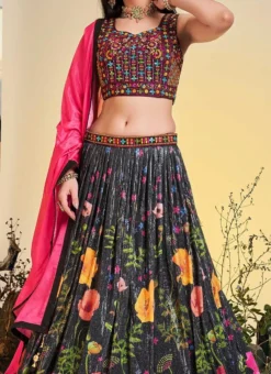 Black Chinon Printed Work A Line Lehenga Choli Party Wear