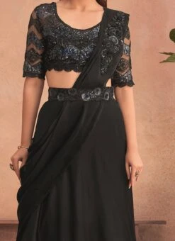 Black Chinon Silk Embroidered Ready Pleated Saree Party Wear