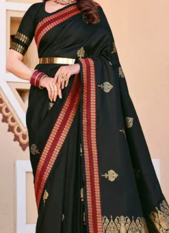 Black Color Jacquard Woven Work Silk Saree Festive Wear