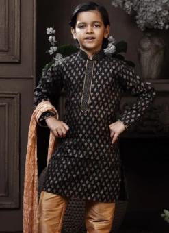 Black Cotton Printed Boys Kurta Pyjama Party Wear -Mahra Clothing Shop black cotton printed boys kurta pyjama kdbmss6202 b