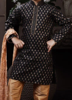 Black Cotton Printed Boys Kurta Pyjama Party Wear