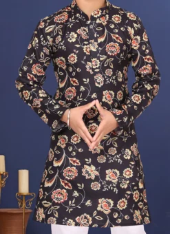 Black Cotton Printed Boys Kurta Pyjama