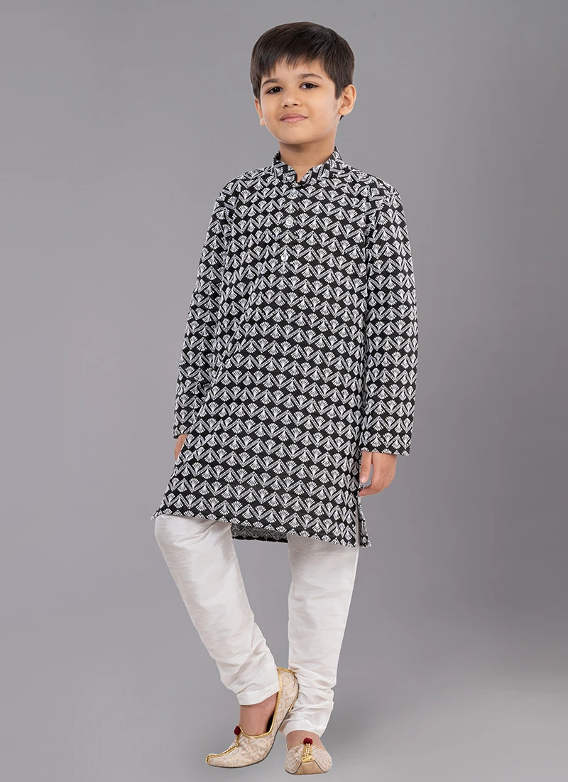 Black Cotton Silk Embroidery Kurta Pyjama Party Wear 2 Black Cotton Silk Embroidery Kurta Pyjama Party Wear - Image 2