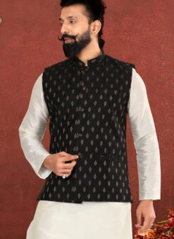 Black Cotton Silk Jacquard Nehru Jacket -Mahra Clothing Shop black cotton silk jacquard nehru jacket jmvswc317 b