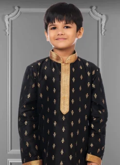 Black Dhupion Silk Foil Printed Boys Kurta Pyjama Party Wear -Mahra Clothing Shop black dhupion silk foil printed boys kurta pyjama kdbkvs676 b
