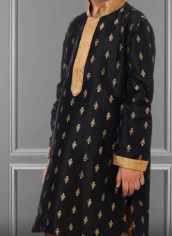Black Dhupion Silk Foil Printed Boys Kurta Pyjama Party Wear