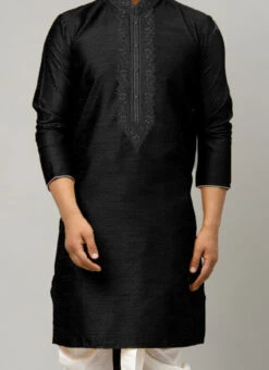 Black Dupion Silk Embroidery Kurta
