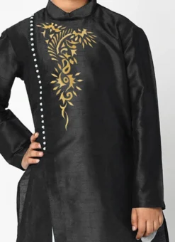 Black Dupion Silk Printed Kurta Pyjama