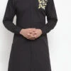 Black Embroidered Cotton Indowestern Kurta