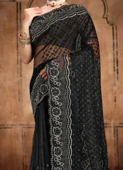 Black Embroidery Stone Work Net Saree Party Wear